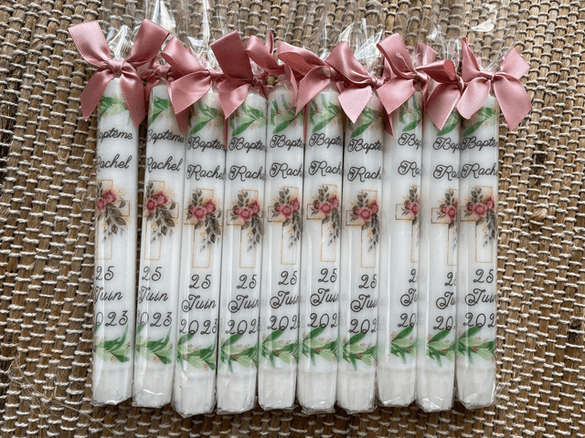 Bougie baptême personnalisée croix feuilles d'olivier 