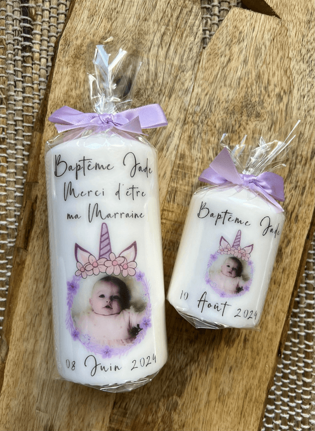 Bougie baptême, communion, naissance personnalisée avec photo et cadre Licorne