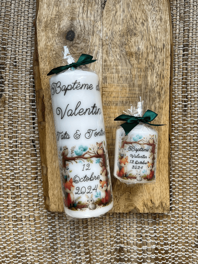 Bougie baptême personnalisée cadre animaux de la forêt
