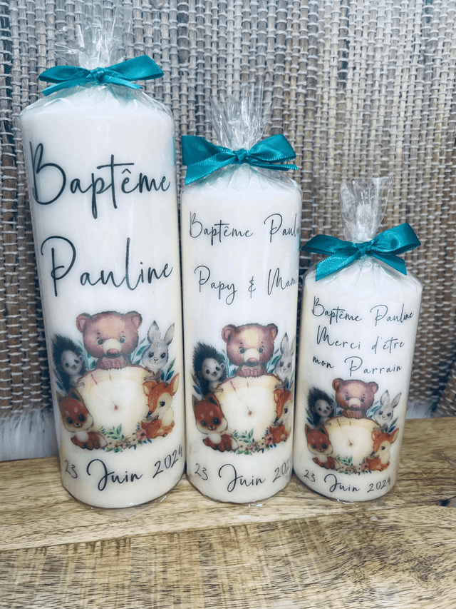 Bougie personnalisée baptême communion profession de foi naissance animaux forêt