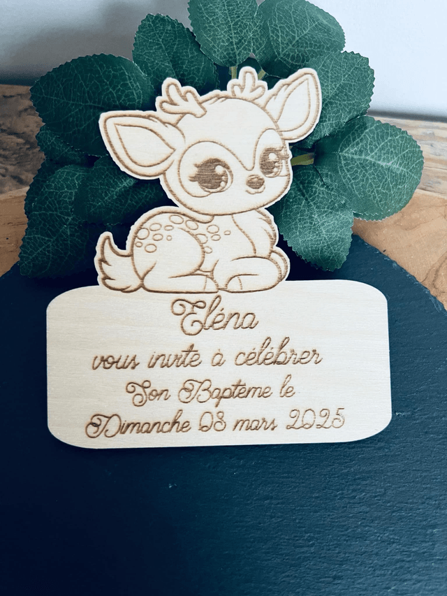 Faire-part Biche/Faon baptême naissance anniversaire en bois.