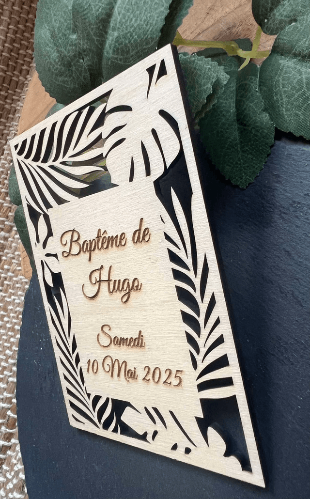 Faire-part tropical baptême naissance anniversaire mariage en bois.