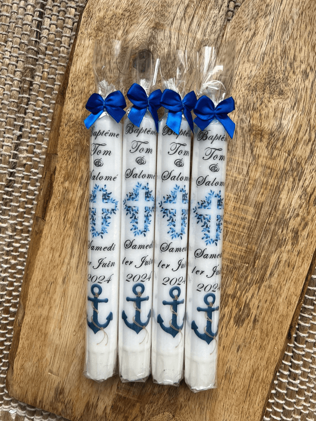 Bougie baptême personnalisée croix ancre marine
