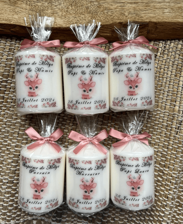 Bougie baptême personnalisée faon biche fleurs