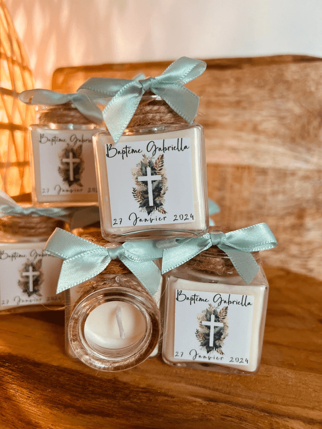 Pots en verre avec  bougie ou dragées ou vide  personnalisés avec croix feuillage  ! (2)