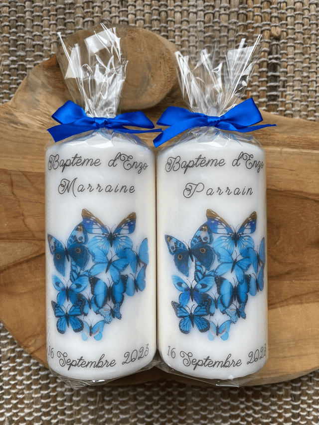 Bougie de baptême personnalisée Papillons bleus