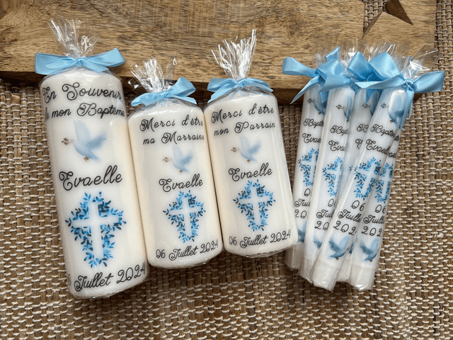 Bougie baptême personnalisée colombe et croix