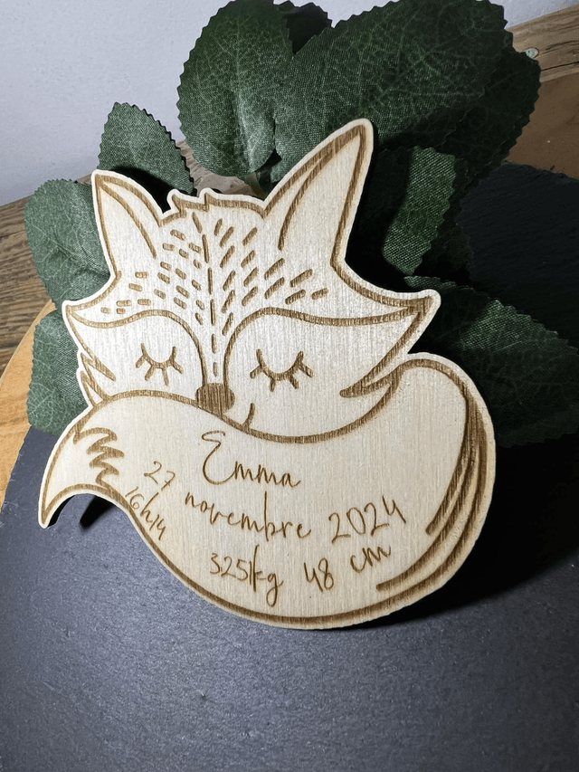 Faire-part Renard naissance, baptême, anniversaire en bois.