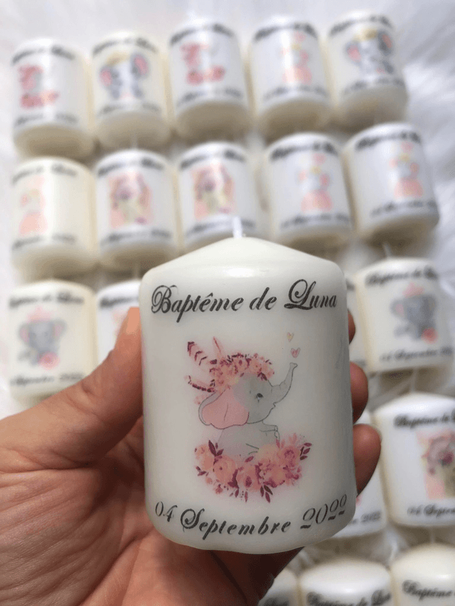Bougie baptême naissance communion personnalisée éléphant fleurs