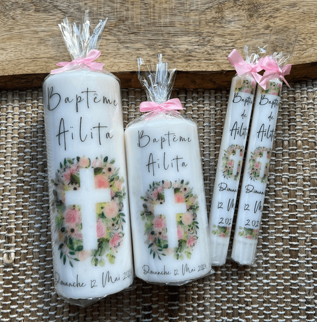 Bougie baptême personnalisée croix fleurs