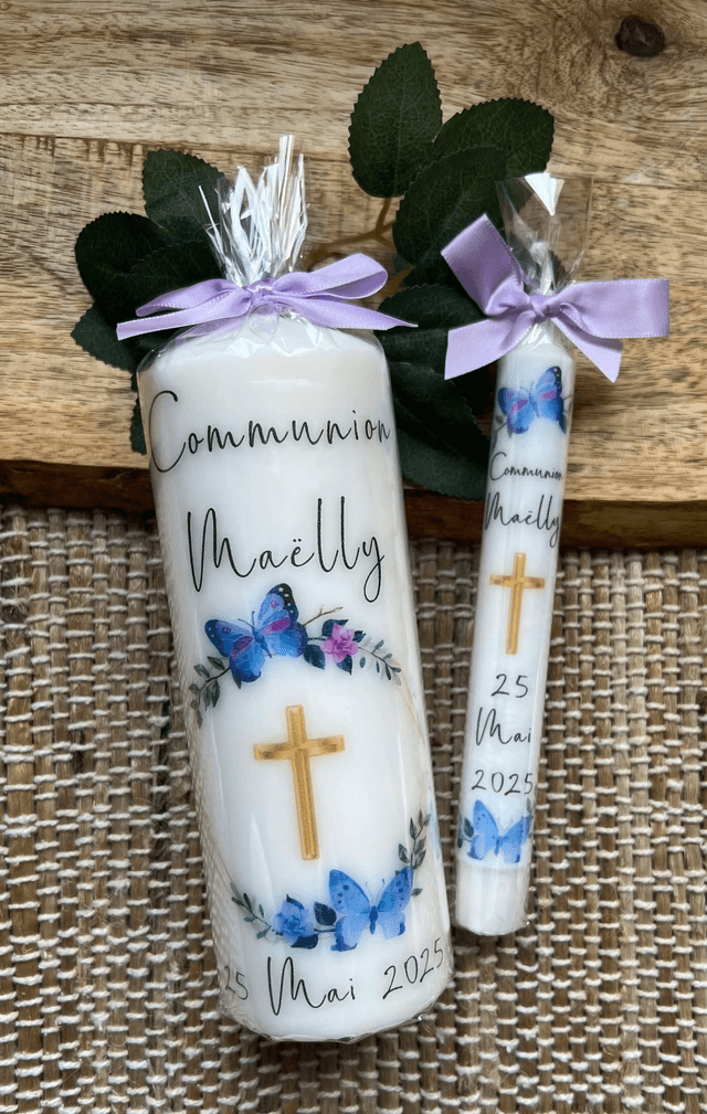 Bougie baptême, communion, couronne papillons, fleurs, croix dorée