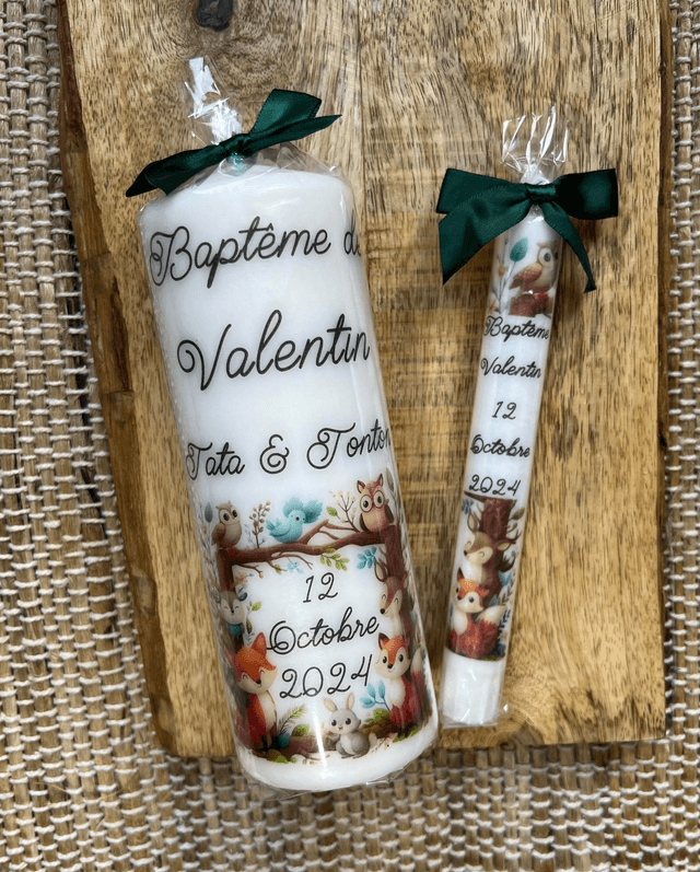 Bougie baptême personnalisée cadre animaux de la forêt