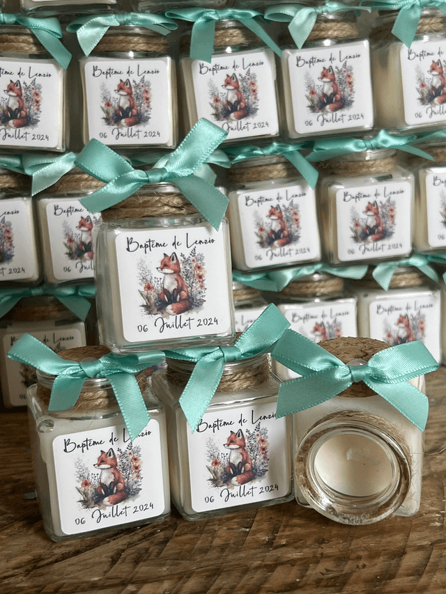 Pots en verre avec bougie ou dragées ou vide personnalisés thème renard et fleurs