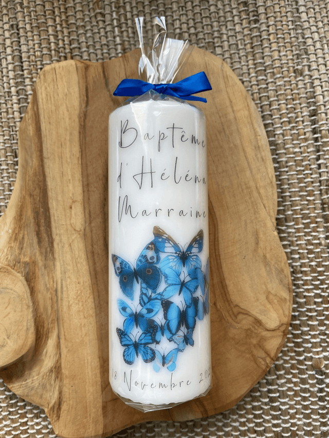 Bougie de baptême personnalisée Papillons bleus