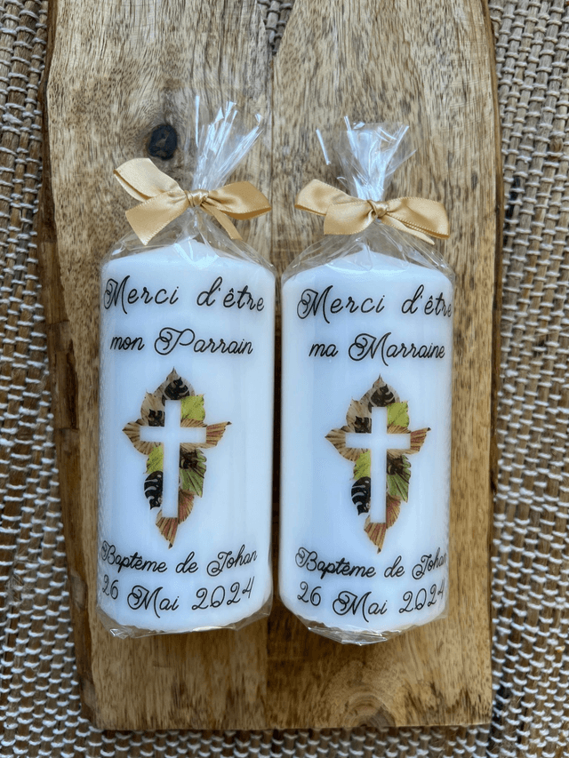 Bougie baptême personnalisée croix feuilles