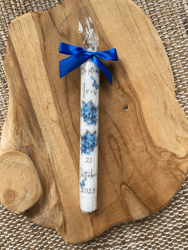Bougie de baptême personnalisée Papillons bleus
