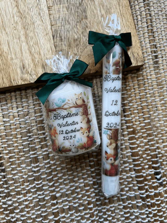 Bougie baptême personnalisée cadre animaux de la forêt