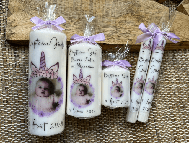 Bougie baptême, communion, naissance personnalisée avec photo et cadre Licorne