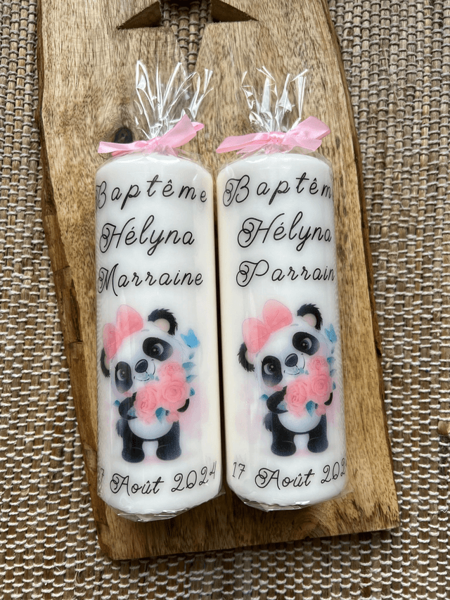 Bougie baptême personnalisée thème panda avec fleurs