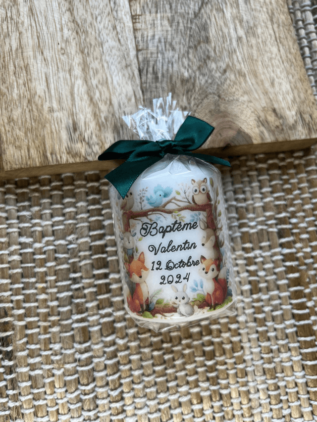 Bougie baptême personnalisée cadre animaux de la forêt