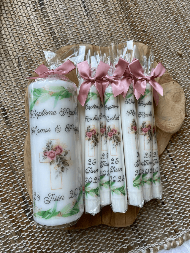 Bougie baptême personnalisée croix feuilles d'olivier 