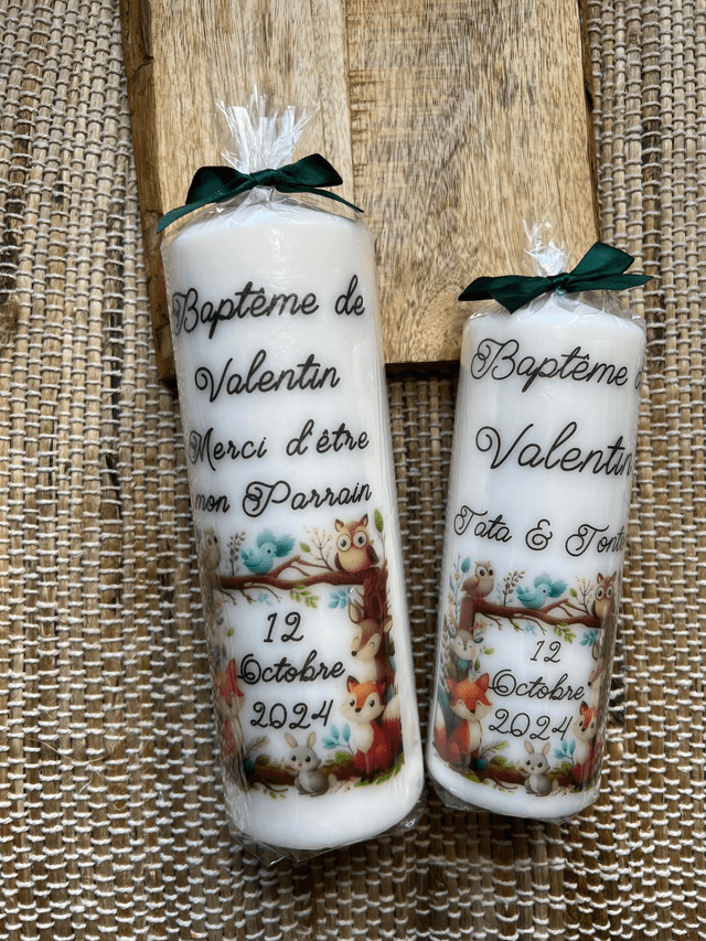 Bougie baptême personnalisée cadre animaux de la forêt