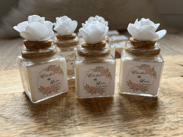 Pots en verre avec  bougie ou dragées ou vide  personnalisés avec couronne fleurs ! (2)