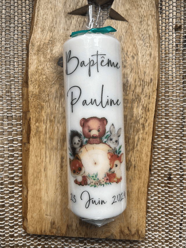 Bougie personnalisée baptême communion profession de foi naissance animaux forêt