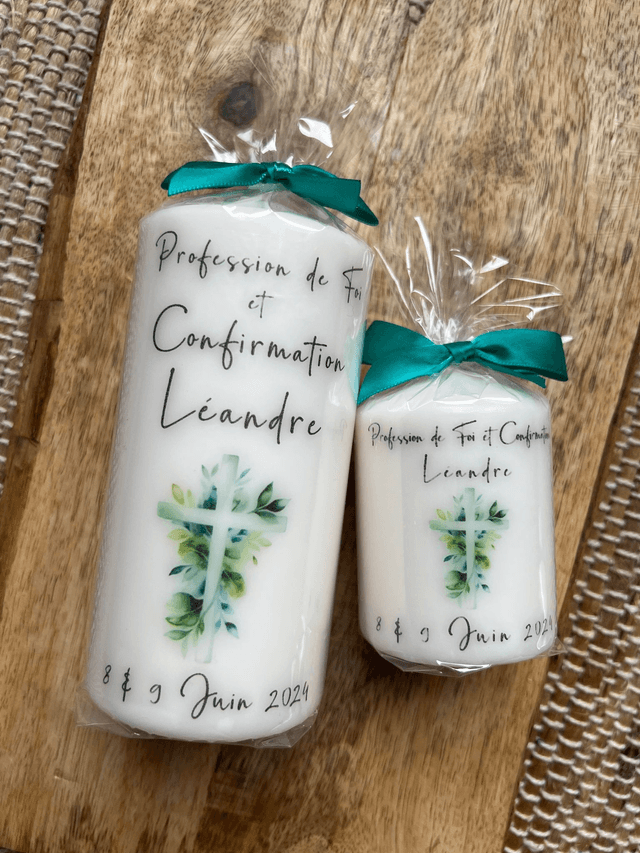 Bougie baptême personnalisée croix feuilles