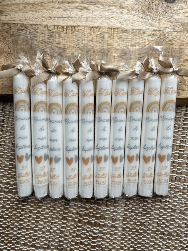 Bougie baptême, communion, Arc-en-ciel et coeurs 