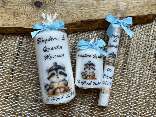 Bougie baptême personnalisée thème Raton laveur marin