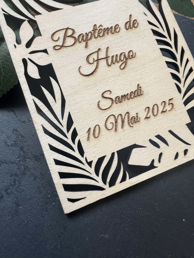 Faire-part tropical baptême naissance anniversaire mariage en bois.