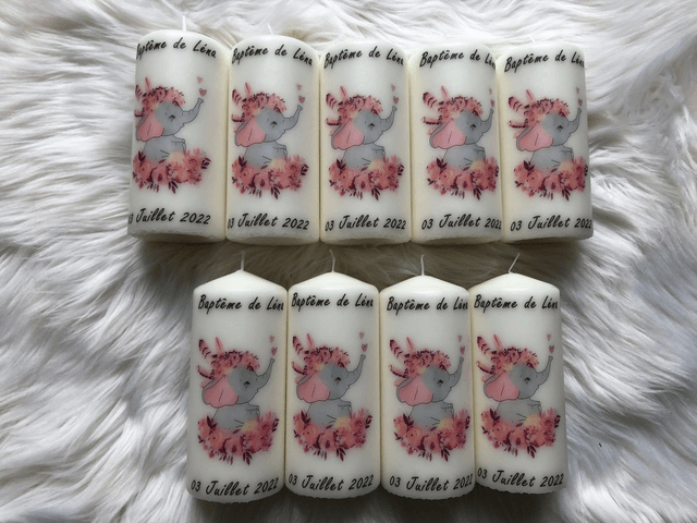 Bougie baptême naissance communion personnalisée éléphant fleurs