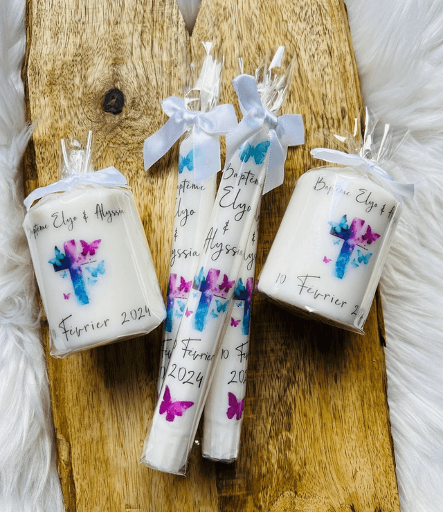 Bougie baptême personnalisée croix papillon