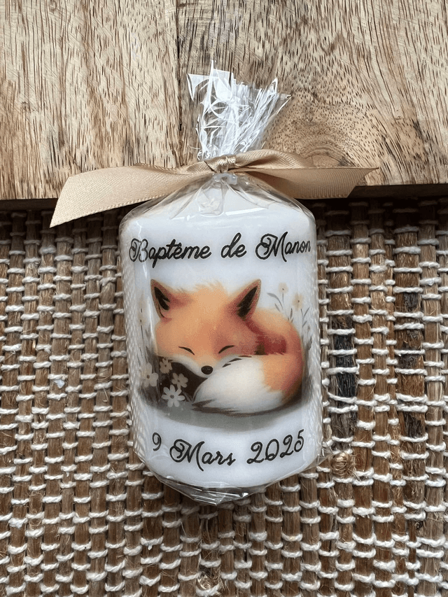 Bougie baptême, communion, naissance personnalisée Renard