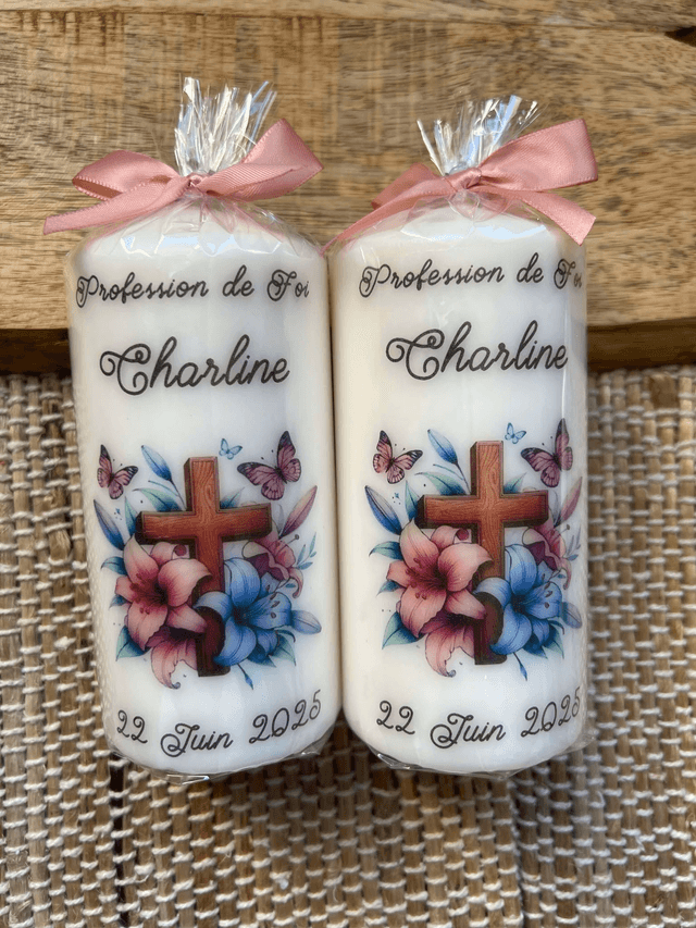 Bougie Profession de foi, baptême, communion, croix et fleurs