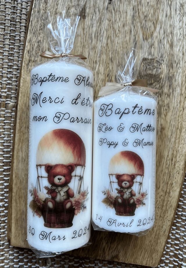Bougie baptême personnalisée ourson montgolfière