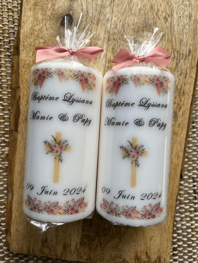 Bougie baptême communion profession de foi personnalisée croix fleurs