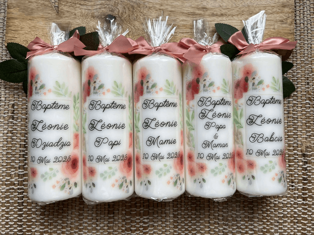 Bougie baptême, communion, thème fleurs