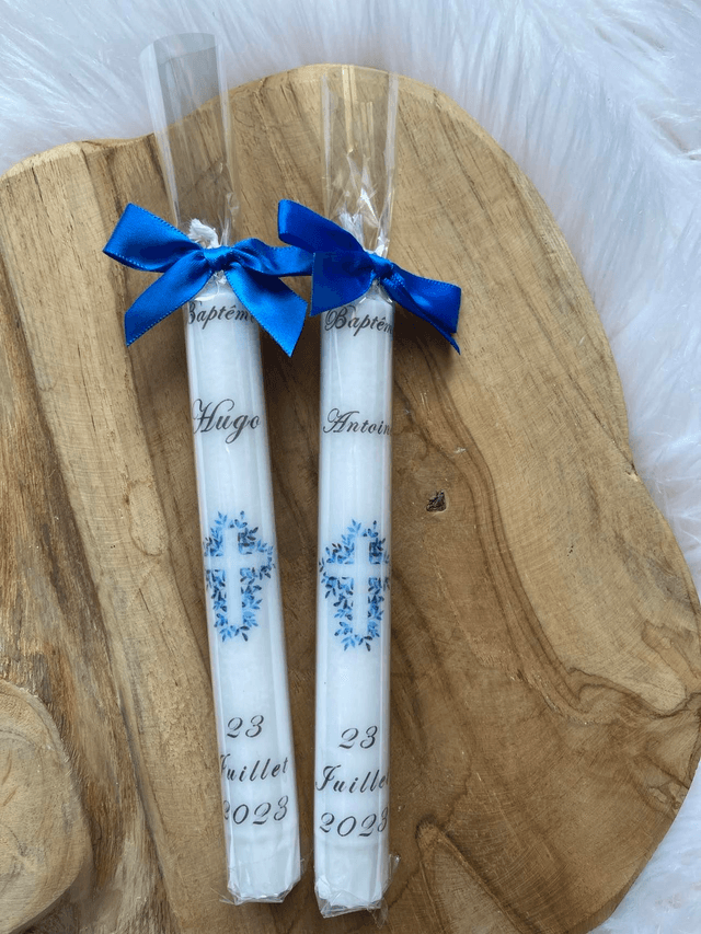 Bougie de baptême personnalisée Croix bleu