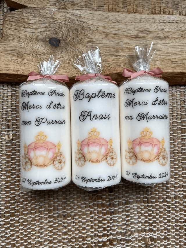 Bougie baptême, communion, naissance personnalisée Carrosse princesse