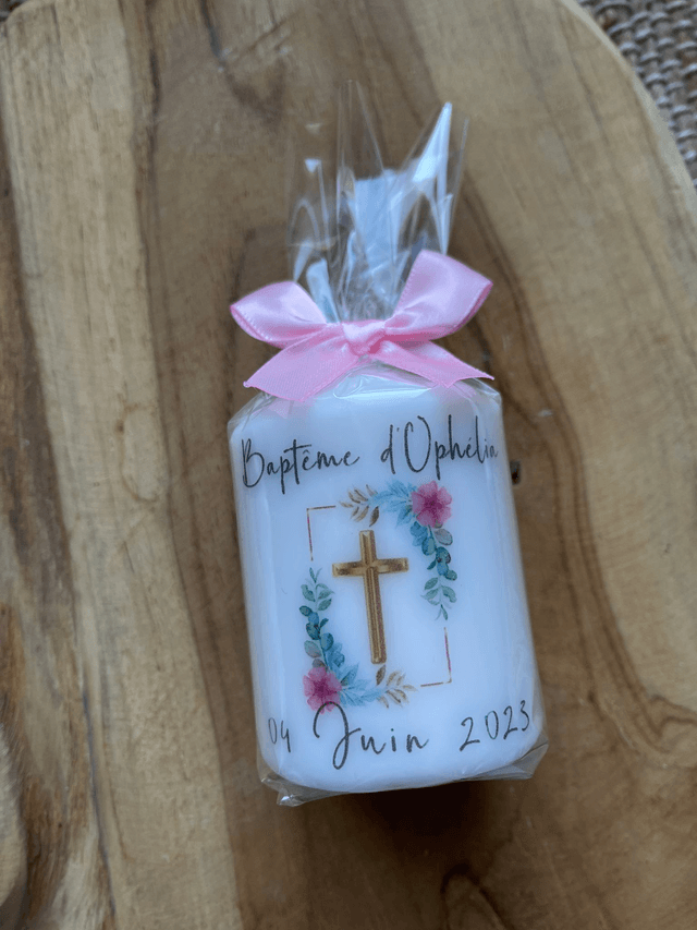 Bougie de baptême personnalisée Croix dorée et fleurs