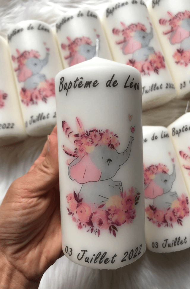 Bougie baptême naissance communion personnalisée éléphant fleurs