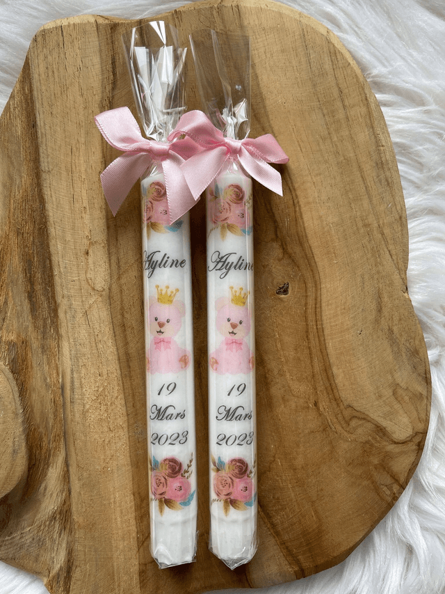 Bougie baptême naissance communion personnalisée ours rose couronne fleurs