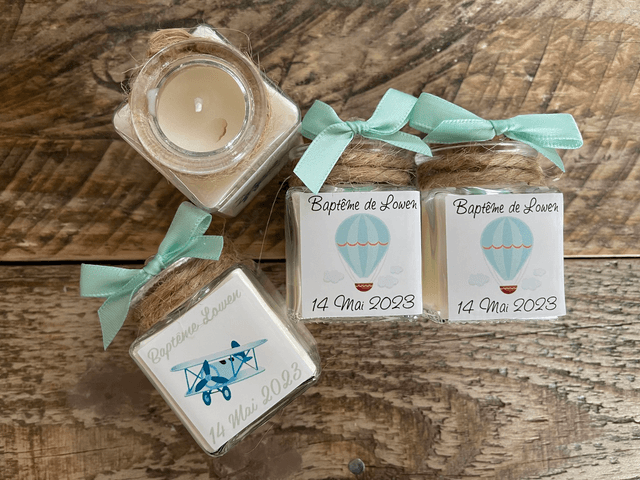 Pots en verre avec  bougie ou dragées  personnalisés thème AVIATION pour Baptême