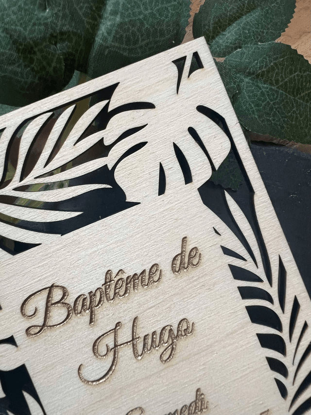 Faire-part tropical baptême naissance anniversaire mariage en bois.