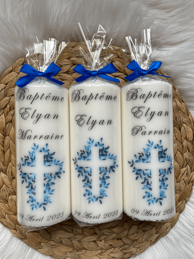 Bougie de baptême personnalisée Croix bleu