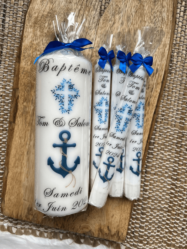 Bougie baptême personnalisée croix ancre marine