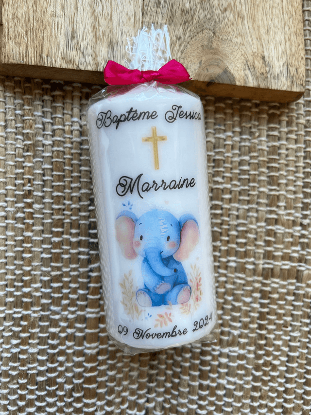 Bougie baptême, communion, naissance personnalisée Eléphant + croix