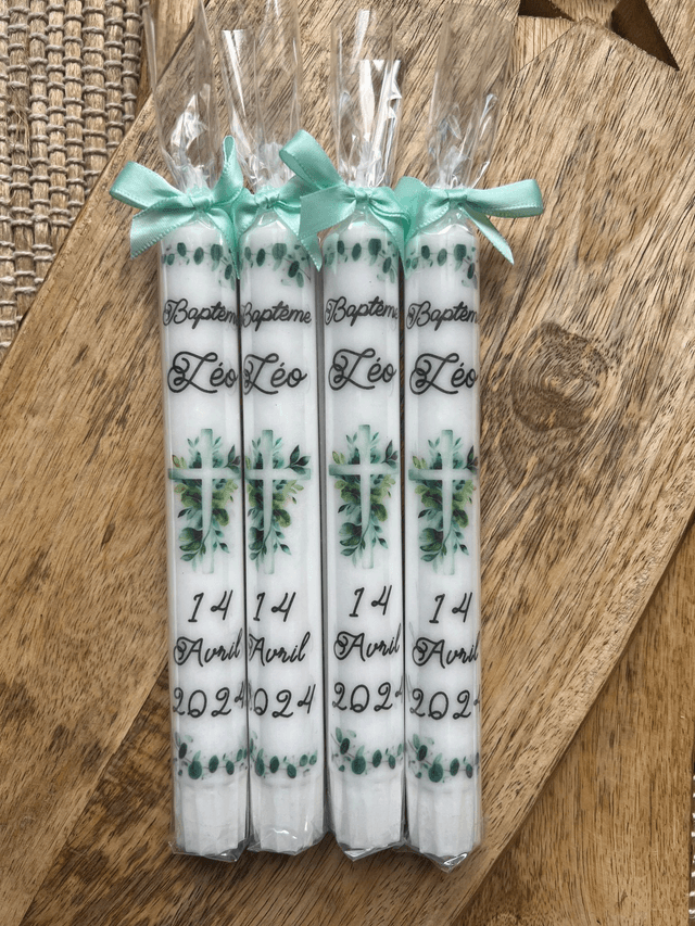 Bougie baptême personnalisée croix feuilles